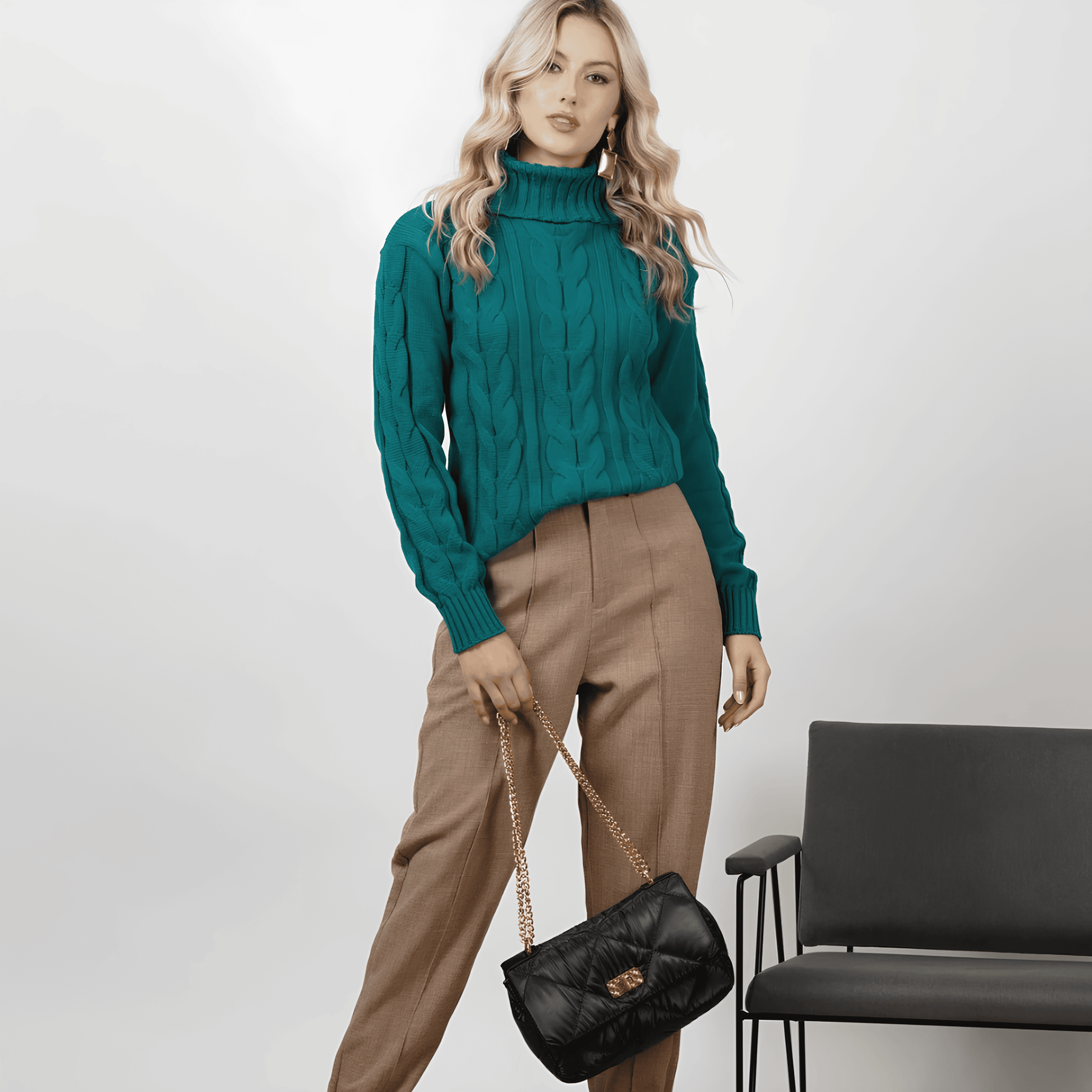 Jersey de punto de cuello alto verde oscuro para mujer - Lunara