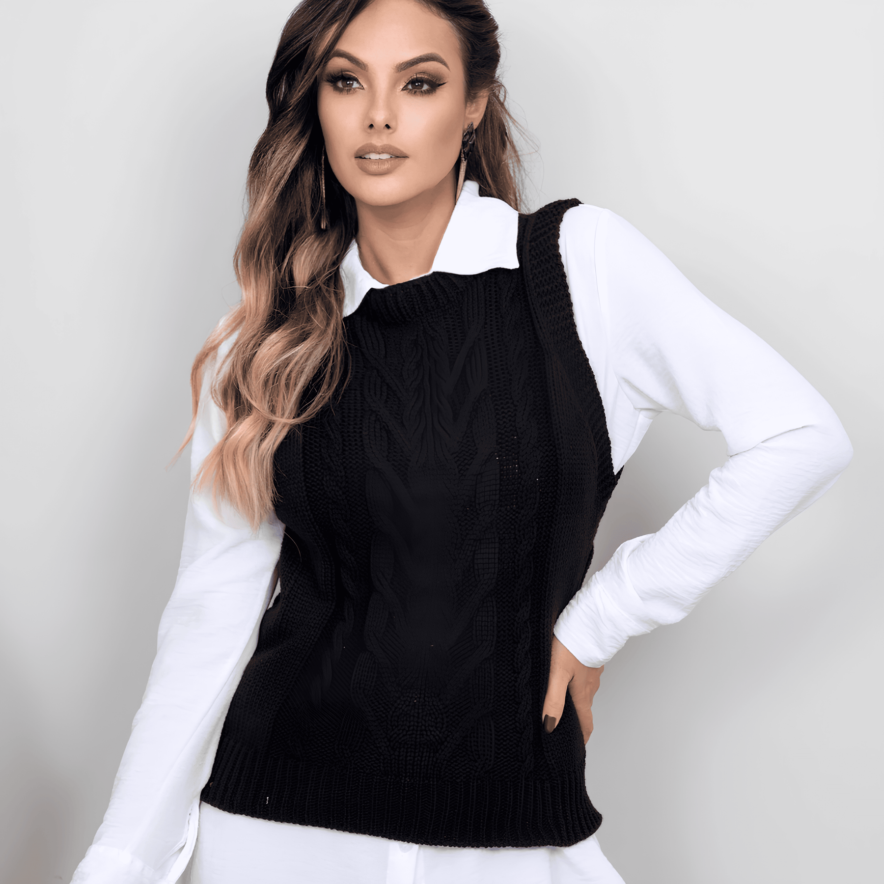 Suéter chaleco de punto negro para mujer - Lunara