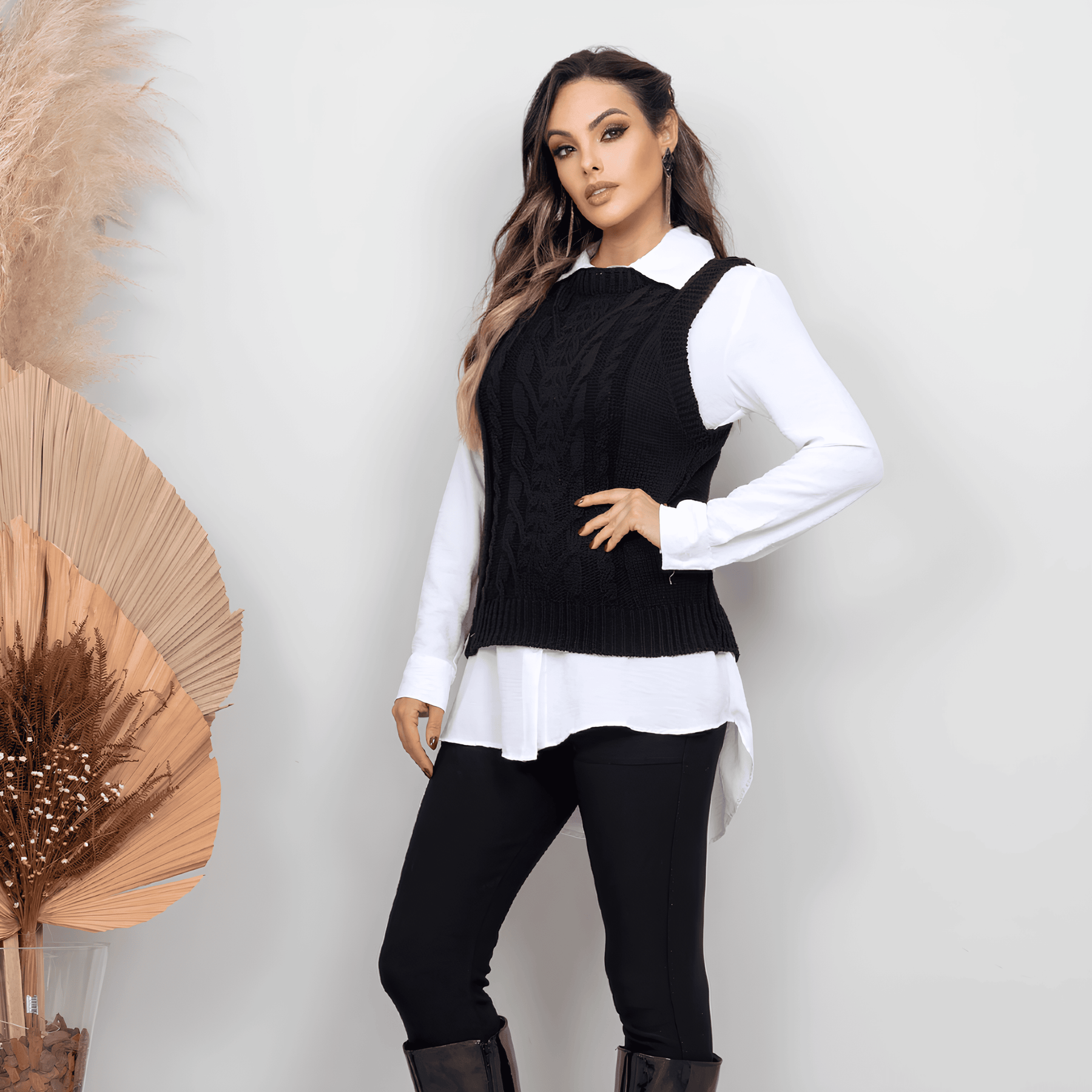 Suéter chaleco de punto negro para mujer - Lunara