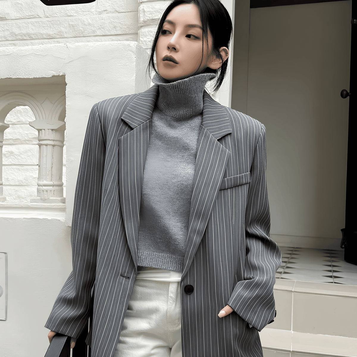 Blazer casual gris a rayas para mujer - Lunara