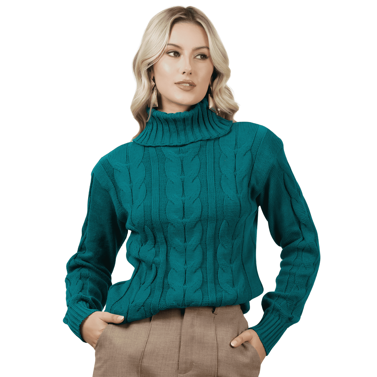 Jersey de punto de cuello alto verde oscuro para mujer - Lunara