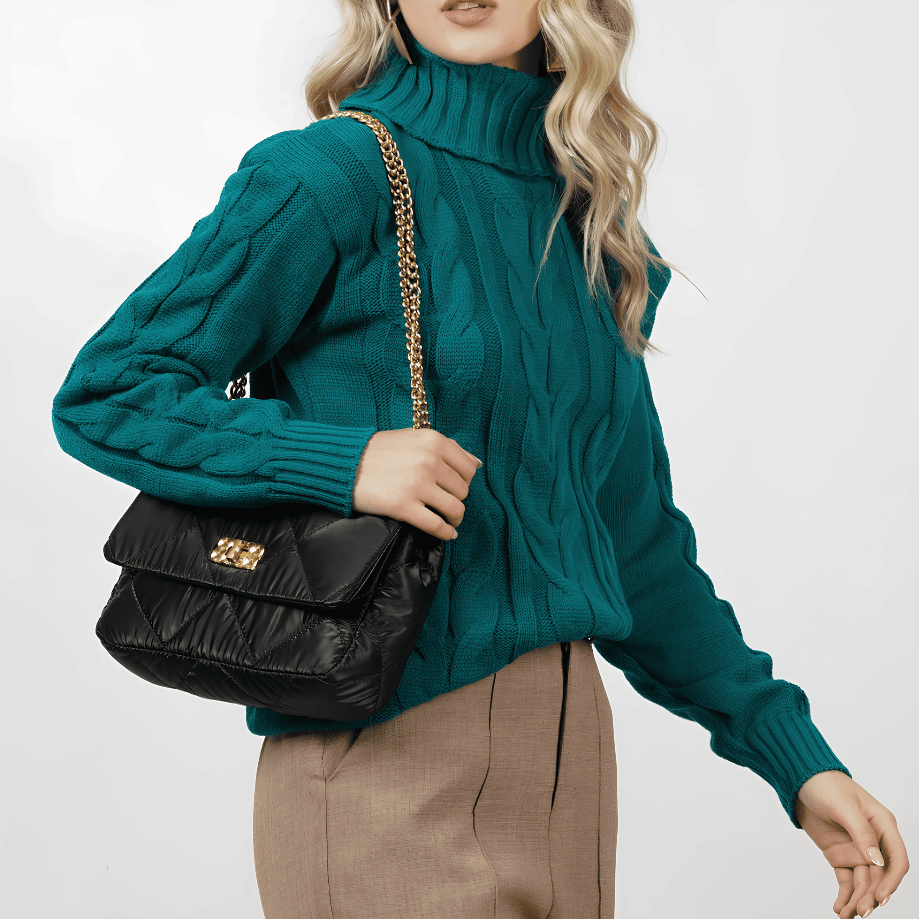 Jersey de punto de cuello alto verde oscuro para mujer - Lunara