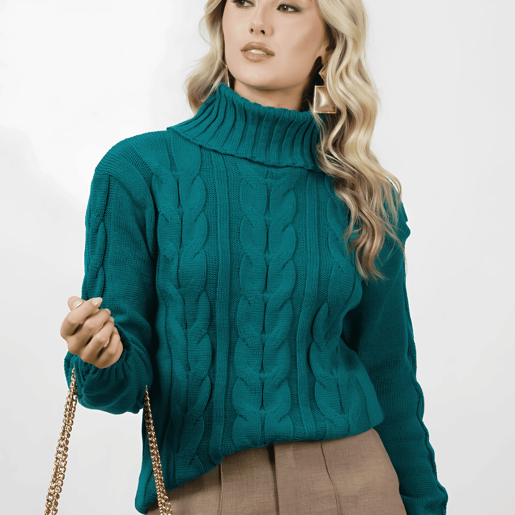 Jersey de punto de cuello alto verde oscuro para mujer - Lunara